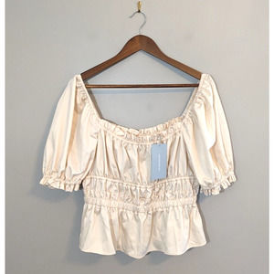 Antonio Melani Angel Sateen Short Sleeve Square Neck Smocked Waist Top NEW Sz L